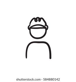 Arbeiter, die eine Vektorgrafik-Ikone mit hartem Hut tragen, einzeln auf Hintergrund. Handgezeichneter Arbeiter mit hartem Hutsymbol. Arbeiter, die ein hartes Hutskizzensymbol für Infografik, Website oder App tragen.