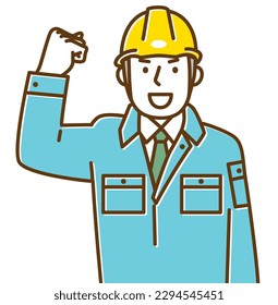 A worker wearing a helmet and posing cheerfully