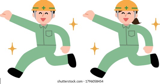 Worker wearing a helmet that pushes up his fist and runs