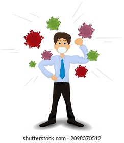 obrero con masker para evitar virus con ilustración de corona virus