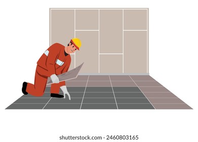 Worker wearing a protective helmet and uniform while repairing a floor with a wall in the background