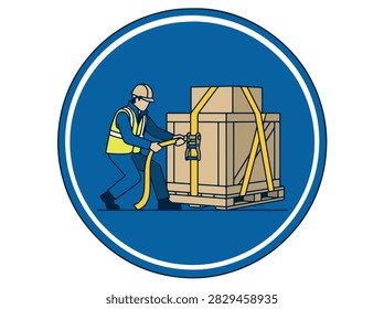 A worker wearing a safety vest and hard hat secures a wooden crate on a pallet using a yellow ratchet strap in a circular blue icon.