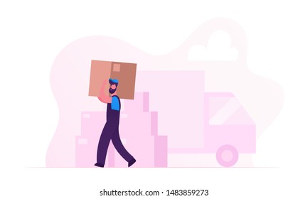 Worker Wearing Uniform Carry Big Cardboard Box on Shoulder Unloading Truck. Relocation and Moving into New House Concept. Professional Delivery Company Loader Service Cartoon Flat Vector Illustration