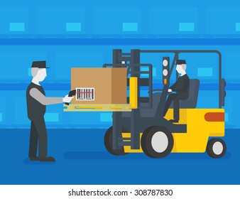 Worker wearing uniform is scanning a box with barcode at the warehouse.