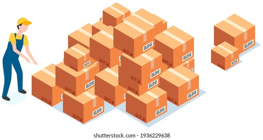 Worker wearing work clothes reloading boxes from stack. Cardboard parcels for shipment from china
