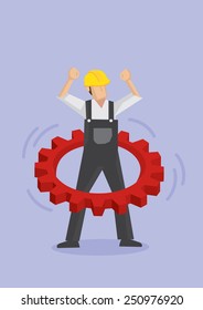 Worker wearing yellow helmet and overall work clothes swinging toothed-wheel gear on hips like hula hoop. Vector illustration Concept for having fun at work.