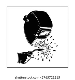 A worker in a welding helmet uses a torch to weld metal, sparks fly and light up the workspace.