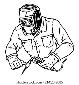 Trabajador en mascarilla de soldadura y camisa usando antorcha de gas con cable en estilo vintage monocromo, ilustración vectorial