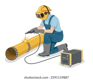 A worker is welding a metal pipe using a welding machine while wearing protective gear including a helmet gloves and boots bright sparks are visible at the welding point