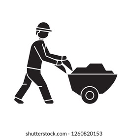 Worker with wheelbarrow black vector concept icon. Worker with wheelbarrow flat illustration, sign