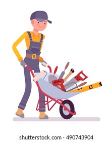 Worker with wheelbarrow. Cartoon vector flat-style illustration