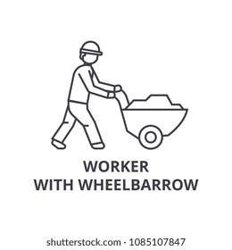 worker with wheelbarrow vector line icon, sign, illustration on background, editable strokes