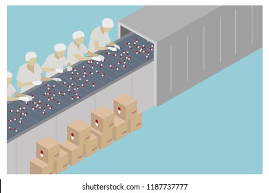 Worker in white lab suits work on production line with pills