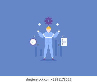 a worker who is good at managing time and able to complete tasks quickly and perfectly. a great factory worker. good industrial workers. productive. jobs and professions. illustration concept design