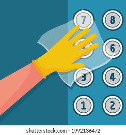 Worker wipes the elevator buttons with napkin. Cleaner disinfects lift buttons. Hygiene public space. Service for cleaning premises. Vector illustration flat design. Napkin in hands.