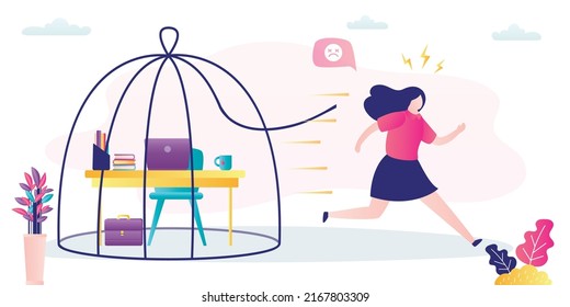 Worker woman broke cage and runs away from workplace. Corporate slavery, burnout. Emotional stress from hard work. Unhappy businesswoman needs break from work. Frustrated employee. Vector illustration