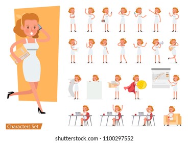 Worker woman character vector design. Presentation in various action with emotions, running, standing, walking and working.