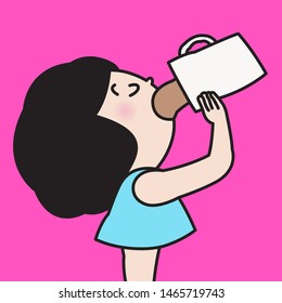 Worker Woman Drinking Coffee From Coffee Pot Concept Card. Character illustration.