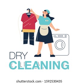 Worker woman of dry cleaning, laundry. Quickly, we will put your clothes in order and deliver them to you. Suitable for website, printing and your advertising. Vector character on a white background. 