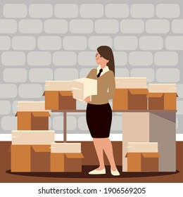 worker woman office with various stack paperwork in boxes