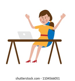 Worker woman on a desk rising a hand vector