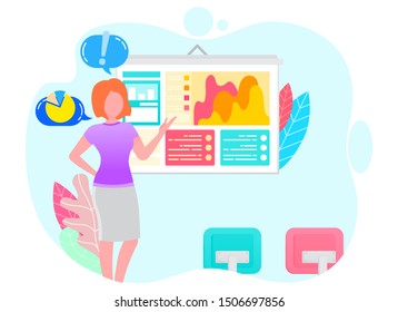 Worker woman presenting graph report with link icons. Presenter discussing or researching growth chart on presentation. Employee female and web window with colorful chart of business strategy vector