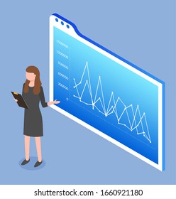 Worker woman presenting graph report with numbers. Employee female character accounting and showing chart symbol. Diagonal view of web icon with financial statistics isolated on blue vector