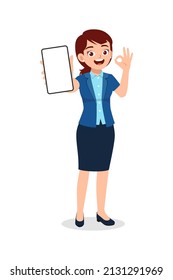 worker woman show phone screen and show ok gesture