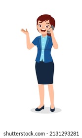 worker woman standing and talking using smartphone