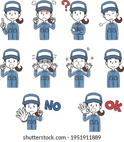 Worker woman wearing a hat with various facial expressions and poses