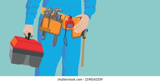 Worker with work belt and toolbox, vector. Copy space, service and maintenance concept