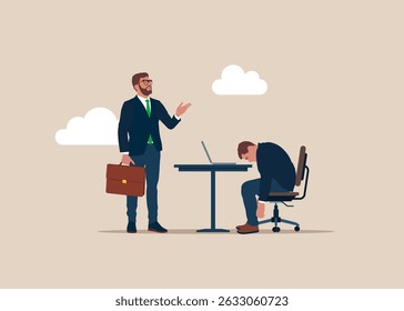 Trabalhador trabalha sob pressão chefe. Falta de vontade de completar tarefas de gestão. Motivação financeira e de investimento. Desgaste profissional. Salários para funcionário esgotados. Ilustração de vetor plano