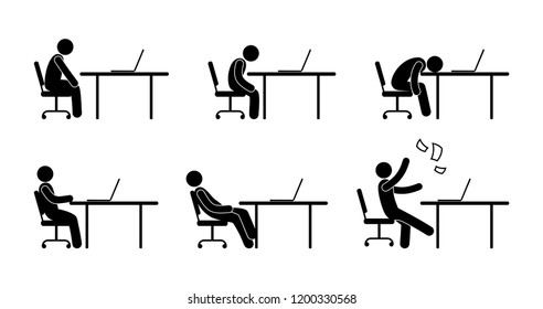 Worker working in front of a computer at office workplace. Different postures of the person at the table during work. Businessman reads, sleeps, watches videos, relaxes using a laptop.