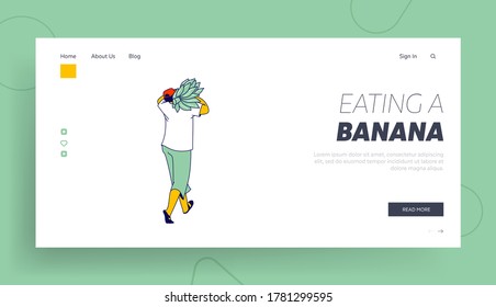 Plantilla de la página de aterrizaje para trabajadores que trabajan arduamente, cuidan y cosechan frutas. Carrasco de caracter de banana madura en plantación en el país tropical para distribución. Ilustración de vectores lineales de mano de obra