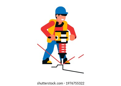 Worker working with a jackhammer. Male builder and electric jackhammer, power tool, road works, repair. Vector illustration isolated on white background