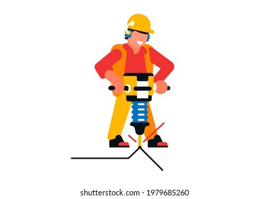 Trabajador trabajando con un jackhammer. Constructor de machos y jackhammer eléctrico, herramienta de energía, obras de carreteras, reparación. Ilustración del vector aislada en fondo blanco