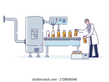 Worker Working At Juices Production Factory. Man Controls Work Of Juice Filling Process On Conveyor Belt, Putting Full Bottles With Juice In Box. Cartoon Linear Outline Flat Style Vector Illustration