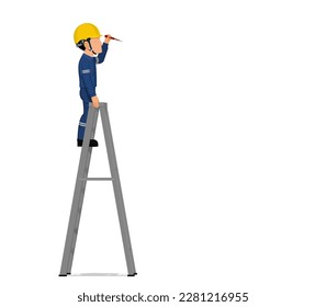 A worker is working on the ladder