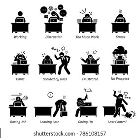 Worker working in a very stressful office workplace. The employee is distracted, having too much work, frustrated and scolded by boss. The job is boring, tiring, inefficient and has no prospect. 
