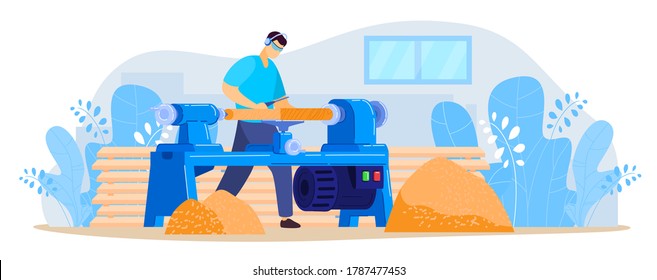 Worker works on turning lathe vector illustration. Cartoon flat turner carpenter character working, cutting wooden timber planks with lathe machine in workshop. Woodwork equipment isolated on white