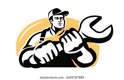 Trabalho com chave inglesa. Construtor, engenheiro mecânico, técnico com ferramenta de trabalho. Construção de emblema e símbolo