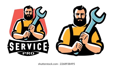 Worker with wrench. Engineer, technician, mechanic emblem. Workshop, technical service logo. Vector illustration