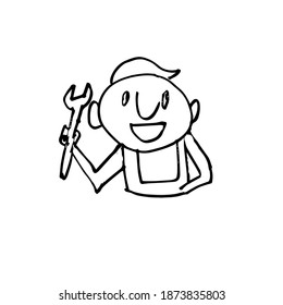 Worker with a wrench. Hand-drawn funny character. Vector illustration