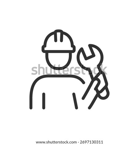 Worker with wrench, linear icon. Technician and maintenance staff. Line with editable stroke.