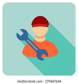 Worker Wrench long shadow vector icon. Style is a flat symbol on a colored rounded square button.