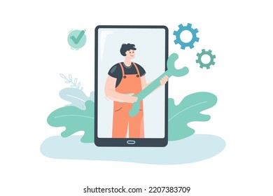 Worker with wrench on phone screen flat vector illustration. Online repair service. Maintenance, assistance, diagnostic, cyberspace concept for banner, website design or landing web page