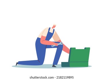 Worker with Wrench and Toolbox Character Isolated on White Background. Male Character Wear Worker Overalls Holding Spanner. Handyman Employee Fixing Service. Cartoon People Vector Illustration