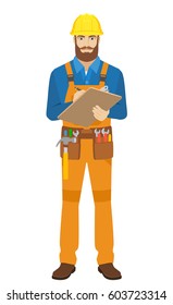 Worker writes on the clipboard closeup. Full length portrait of worker in a flat style. Vector illustration.