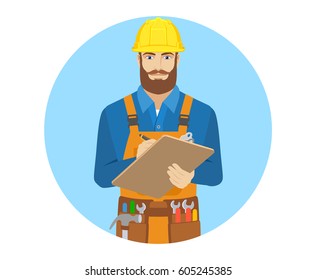 Worker writes on the clipboard closeup. Portrait of worker in a flat style. Vector illustration.