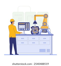 A worker in a yellow hard hat operates a robotic arm in an industrial setting. The robotic arm is handling a circuit board. The background includes machinery and control panels. Vector illustration.